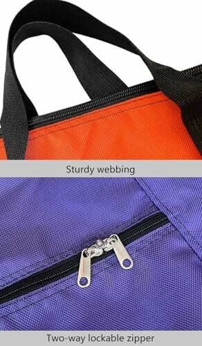 Close-up of an orange bag with sturdy webbing and a purple bag with a two-way lockable zipper.
