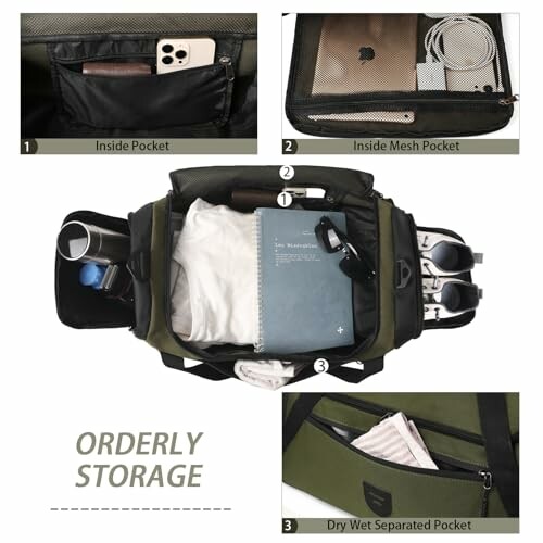 Collage of a bag with inside pocket, mesh pocket, and dry wet separated pocket for orderly storage.