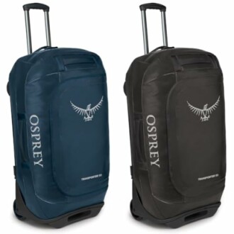 Two Osprey Transporter 90 wheeled duffel bags in blue and black.