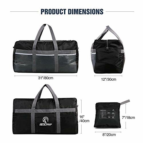 Recamp duffel bag with dimensions in inches and centimeters.