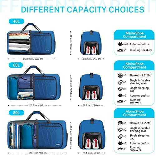 Travel bags showing different capacity choices: 40L, 60L, 80L, 100L with contents displayed.
