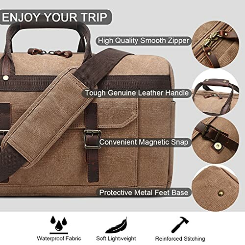 Travel bag with highlighted features: smooth zipper, leather handle, magnetic snap, metal feet, waterproof fabric, lightweight, reinforced stitching.