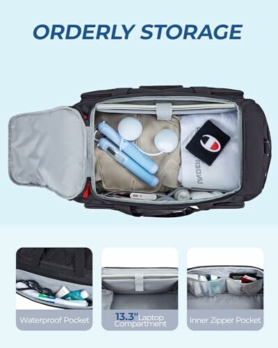 Open travel bag with organized compartments and toiletries.