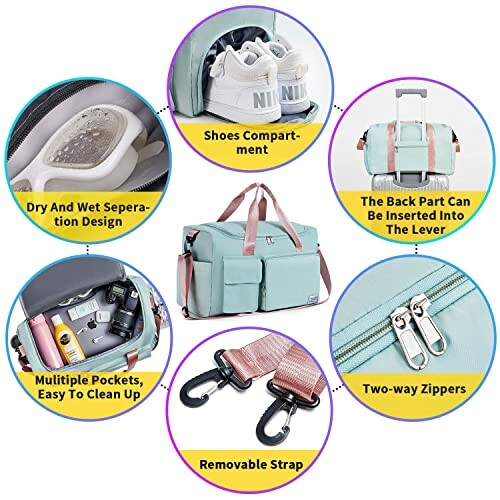 Features of a travel duffel bag with shoes compartment, dry and wet separation, multiple pockets, removable strap, two-way zippers, and back insert for luggage.
