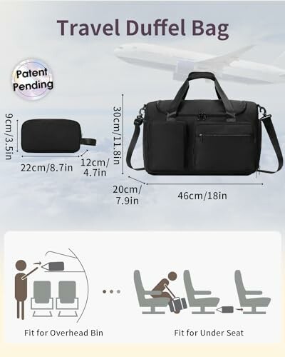 Infographic of a travel duffel bag with dimensions and usage tips.
