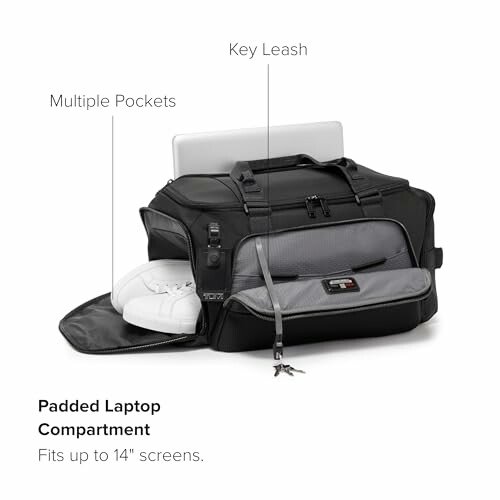 Black travel duffel bag with laptop compartment and multiple pockets.