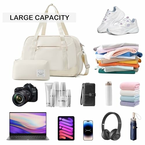 Travel bag with clothes, shoes, camera, laptop, tablet, smartphone, headphones, and toiletries.