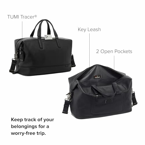 Tumi travel bag with TUMI Tracer, key leash, and 2 open pockets.
