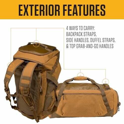 Backpack with multiple carrying options, including straps and handles.