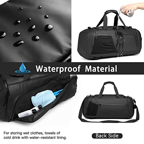 Collage showcasing waterproof gym bag with water droplets and storage compartments.