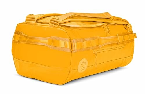 Bright yellow duffel bag with handles and side pocket.